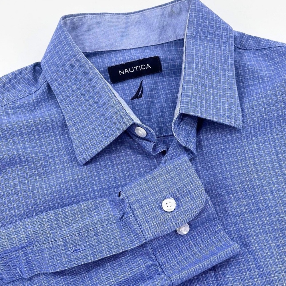 Nautica Mens Blue Micro Check Button Down Shirt Large Business Casual Preppy